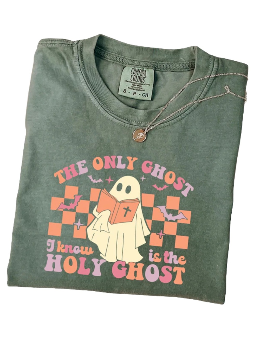Comfort Colors Moss Graphic Tee with Pastel Ghost Print, Gift For Her, For Him